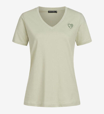 Produktbild fr 'Damen V-Neck T-Shirt mit Herzstickerei greyish hell grn'